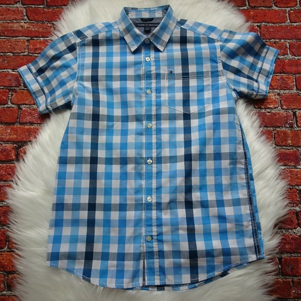 Clearance!💎5/$25 Tommy Hilfiger Boy's Button-Down Shirt Blue Plaid SL L 16/18